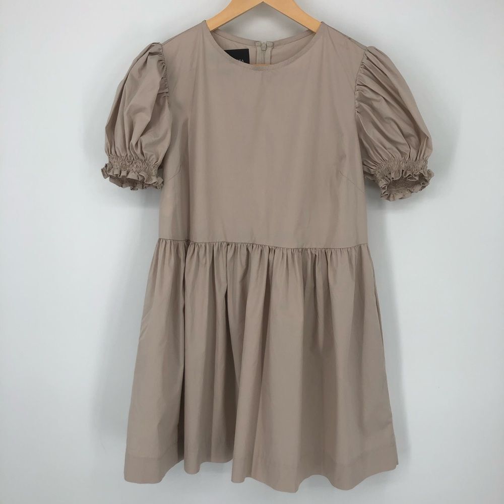 Monica Nera Dress Womens Small Mini Puff Sleeve Beige Almond Pockets Zip Back